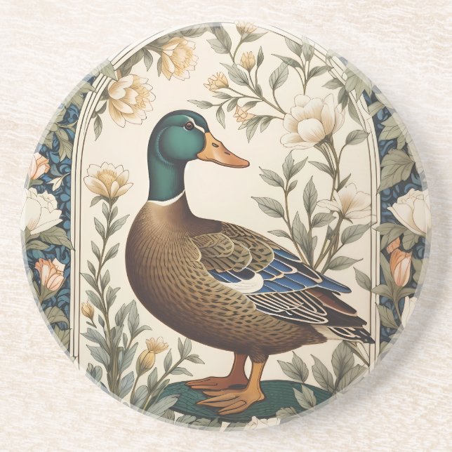 Dessous De Verre En Grès Canard colvert élégant Inspiré de William Morris  (Devant)