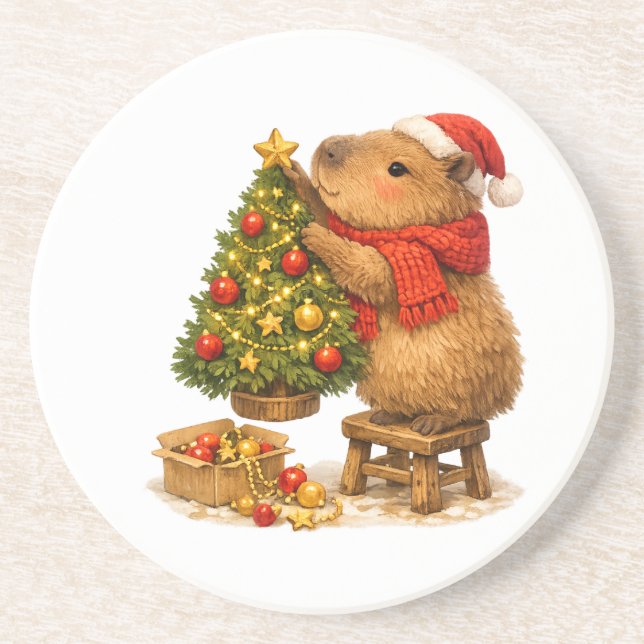 Dessous De Verre En Grès Capybara de Noël décorant l'arbre (Devant)
