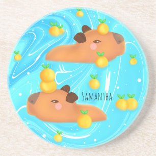 Dessous De Verre En Grès Capybaras Dans L'Eau Avec Oranges