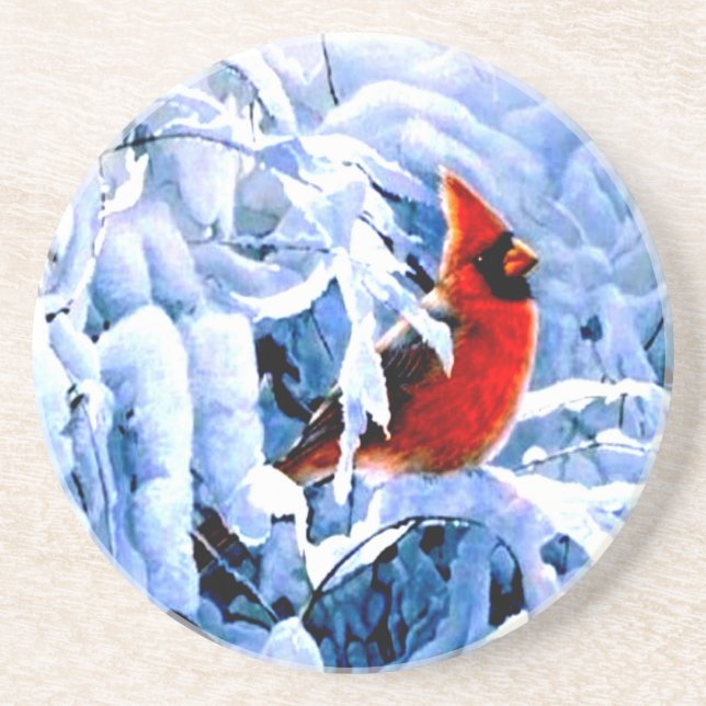 Dessous De Verre En Grès Cardinal Rouge dans la neige d'hiver (Devant)