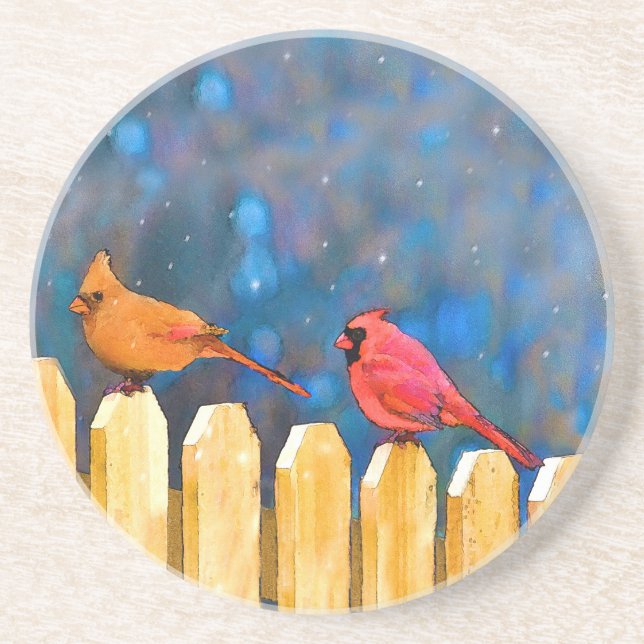 Dessous De Verre En Grès Cardinals on the Fence Painting - Art original (Devant)