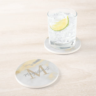 Dessous De Verre En Grès Carré Monogram Gold et Grey Marble