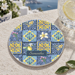 Dessous De Verre En Grès Carreau Citron Sicilien Bleu Chic Sarcelle