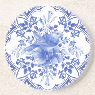 Dessous De Verre En Grès Carreau floral bleu et blanc avec oiseau