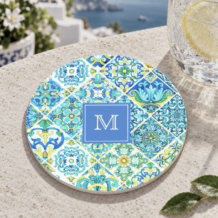 Dessous De Verre En Grès Carreaux de céramique siciliens en aqua moutarde r