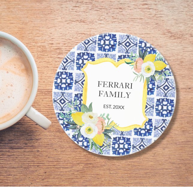 Dessous De Verre En Grès Carreaux de motif italien méditerranéen au citron (In situ)