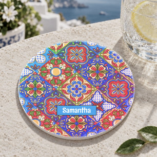 Dessous De Verre En Grès Carreaux de Talavera mexicains ornés rouges bleus