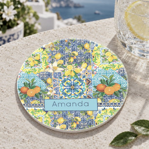 Dessous De Verre En Grès Carreaux fleuris d'agrumes siciliens bleu chic