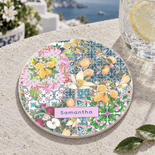 Dessous De Verre En Grès Carreaux floraux de citrus siciliens bleus roses c