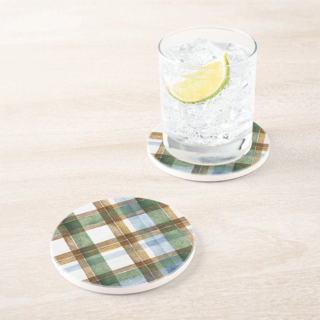 Dessous De Verre En Grès Carreaux Vert Marron Bleu Rayures (Côté)