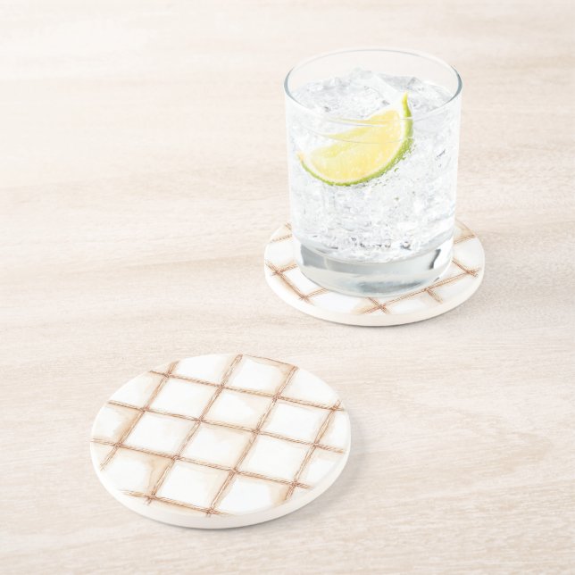 Dessous De Verre En Grès Carrés Rayures Crème Or Blanc (Côté)