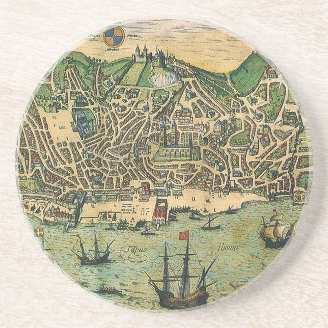 Dessous De Verre En Grès Carte antique de Lisbonne, Portugal par Braun/Hoge (Devant)