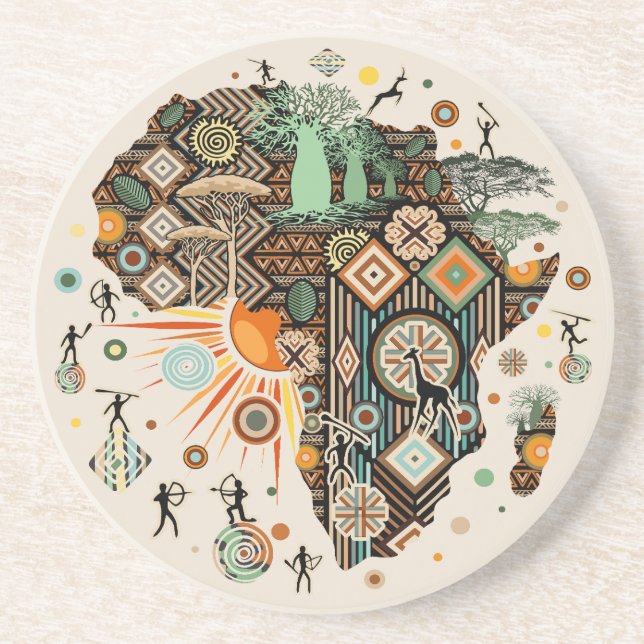 Dessous De Verre En Grès Carte d'Afrique Éléments Tribaux Décoratifs Motif (Devant)