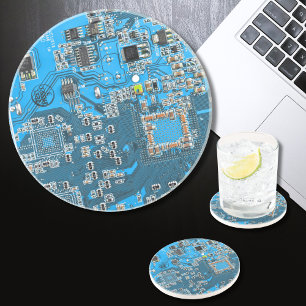 Dessous De Verre En Grès Carte de circuit Geek d'ordinateur bleu