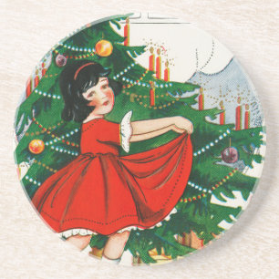 Dessous De Verre En Grès Carte de Noël rétro, enfant et sapin de Noël