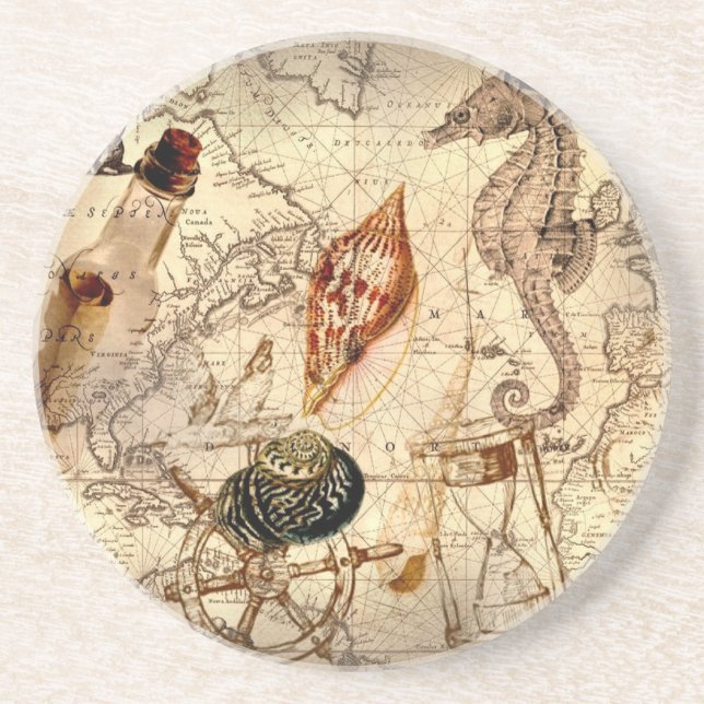 Dessous De Verre En Grès Carte nautique de plage de coquillage côtier (Devant)