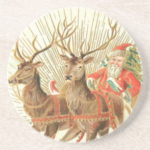 Dessous De Verre En Grès Carte postale de Noël vintage, Père Noël avec renn