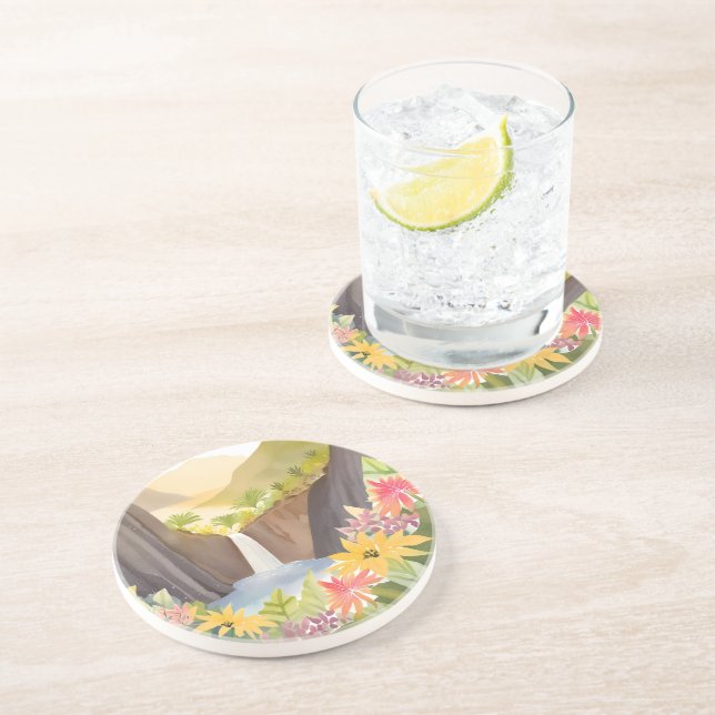 Dessous De Verre En Grès Cascade tropicale | Paysage aquarelle florale (Côté)