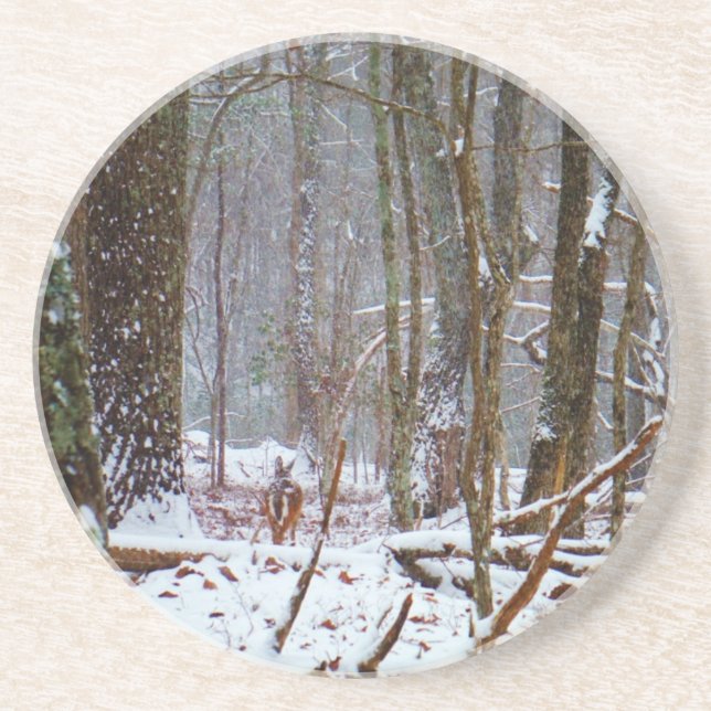 Dessous De Verre En Grès cerf à queue blanche dans la neige (Devant)