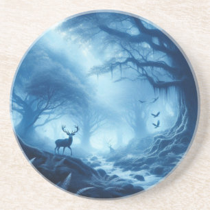 Dessous De Verre En Grès Cerf dans la forêt noire de la brume bleue