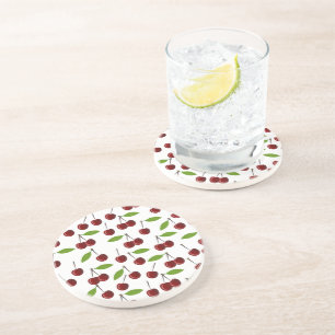 Dessous De Verre En Grès Cerise Rouge, Motif De Cerises, Feuilles, Fruits