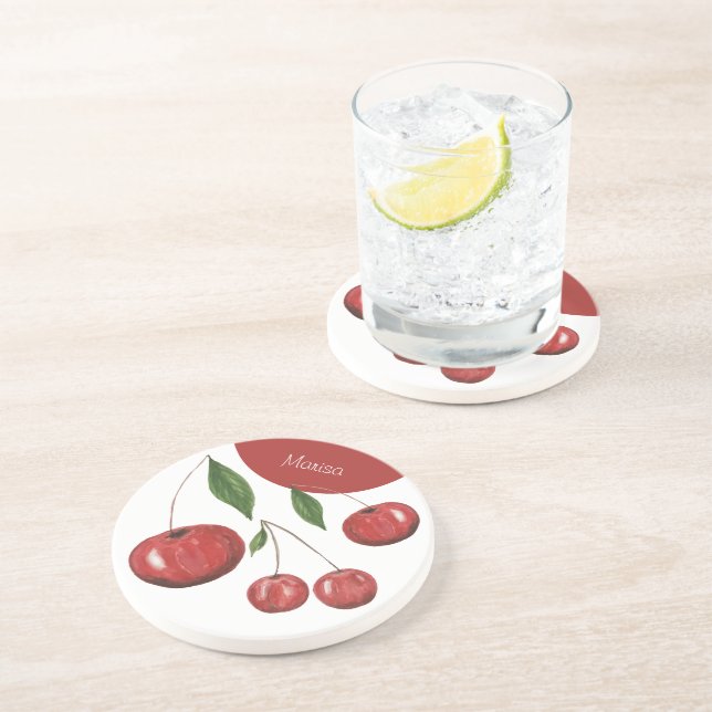 Dessous De Verre En Grès Cerises Douces Illustration Aquarelle Monogrammée (Côté)