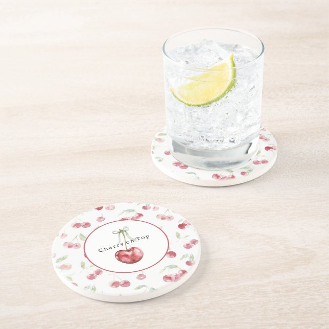 Dessous De Verre En Grès Cerises Rouges Feuilles Vertes (Côté)