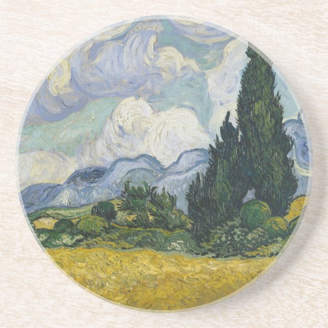 Dessous De Verre En Grès Champ de blé avec cyprès, peinture à l'huile, Van  (Devant)