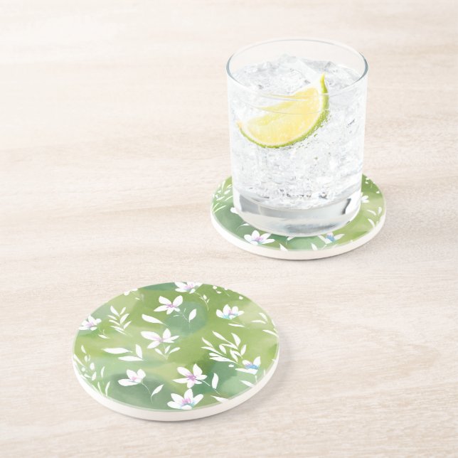 Dessous De Verre En Grès Champs de fleurs blanches | Élégante florale de pr (Côté)