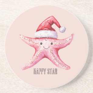 Dessous De Verre En Grès Chapeau de Santa en étoile de mer rose heureux