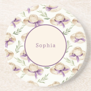 Dessous De Verre En Grès Chapeaux Crème Rubans Violets