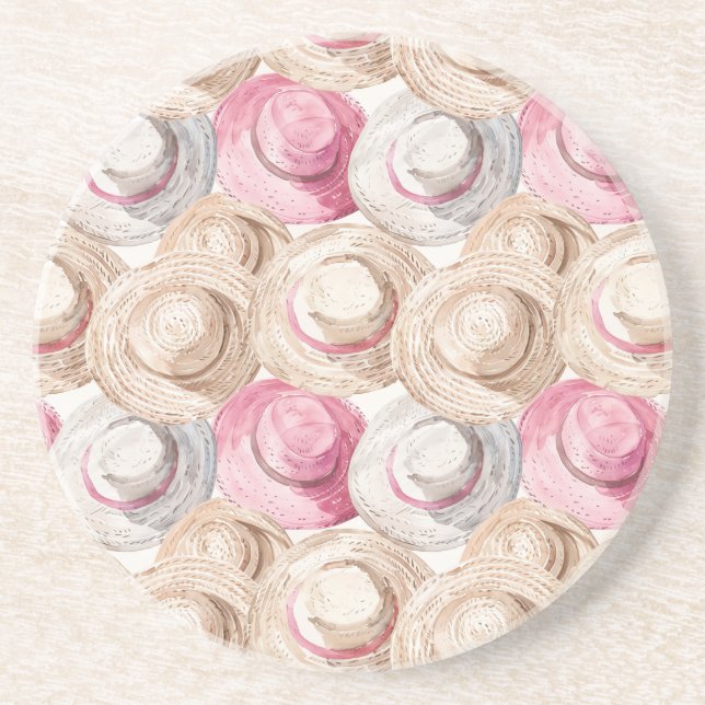 Dessous De Verre En Grès Chapeaux de paille blancs crème rose (Devant)