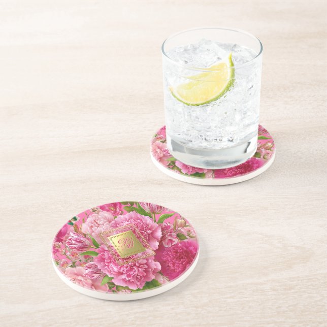 Dessous De Verre En Grès Charmant monogramme floral rose et vert en grès  (Côté)