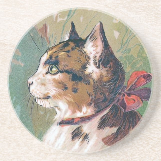 Dessous De Verre En Grès Chat avec l'illustration rouge de cru de ruban (Devant)