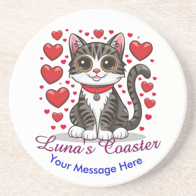 Dessous De Verre En Grès Chat avec symboles d'amour Clipart-85245 (Devant)