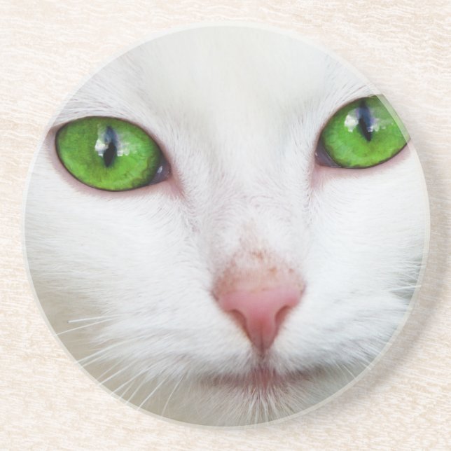 Dessous De Verre En Grès Chat blanc aux yeux vert émeraude (Devant)