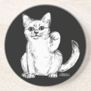 Dessous De Verre En Grès Chat Chaton Maneki Neko qui Invite