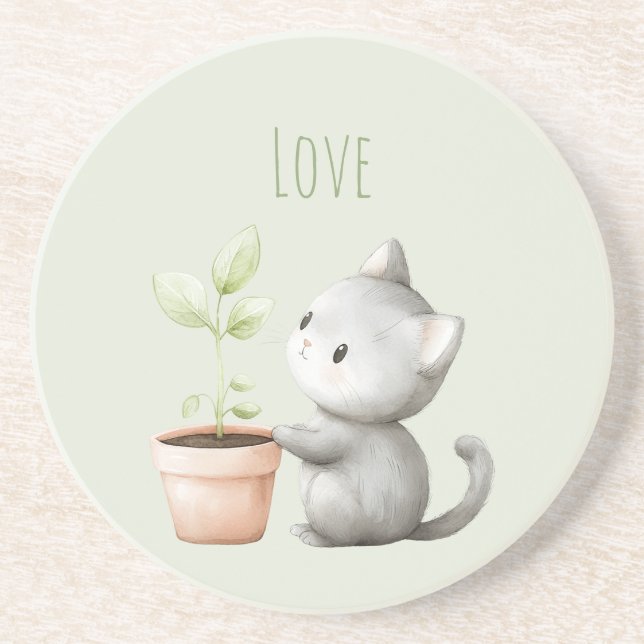 Dessous De Verre En Grès Chat de jardin avec amour des plantes  (Devant)