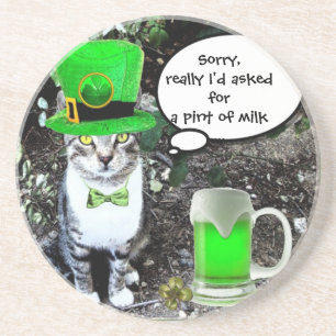 DESSOUS DE VERRE EN GRÈS CHAT DE LA SAINT-PATRICK AVEC DE LA BIÈRE IRLANDAI