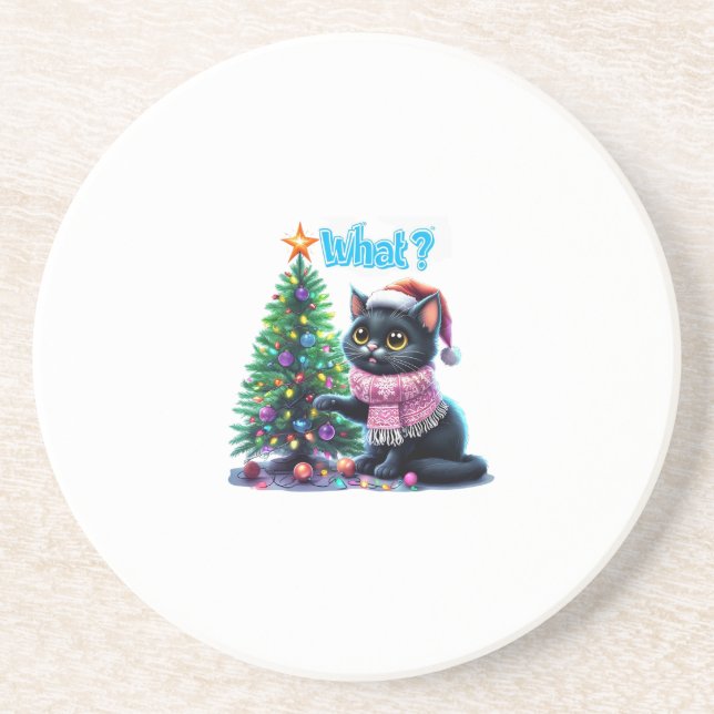 Dessous De Verre En Grès Chat de Noël amusant Avec Sticker Arbre (Devant)
