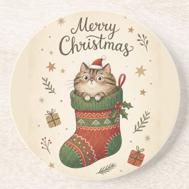 Dessous De Verre En Grès Chat de Noël dans une chaussette (Devant)