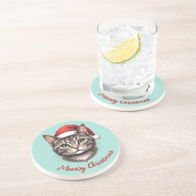 Dessous De Verre En Grès Chat de Noël mignon personnalisé avec chapeau de P (Côté)