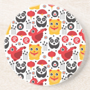 Dessous De Verre En Grès Chat, dragon, et panda chanceux de la Chine