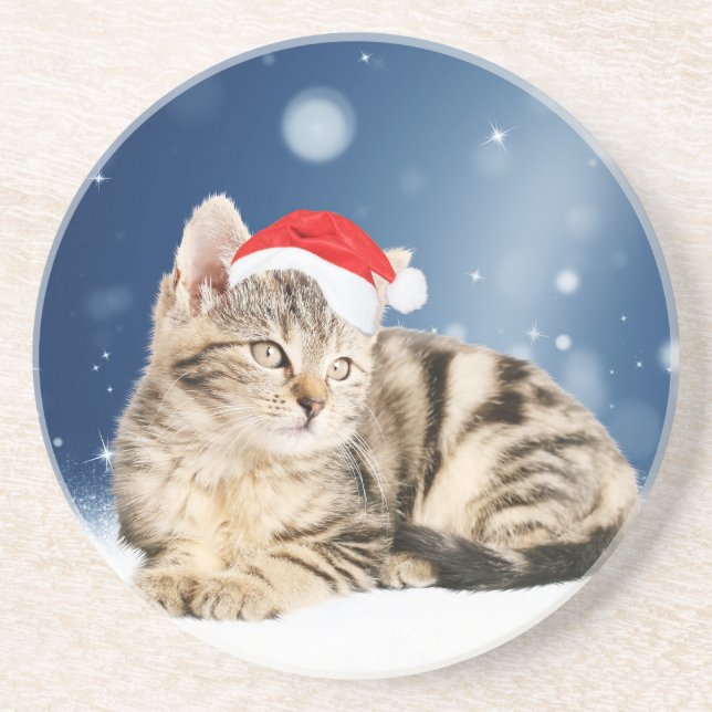Dessous De Verre En Grès Chat mignon portant chapeau de Noël rouge neige (Devant)