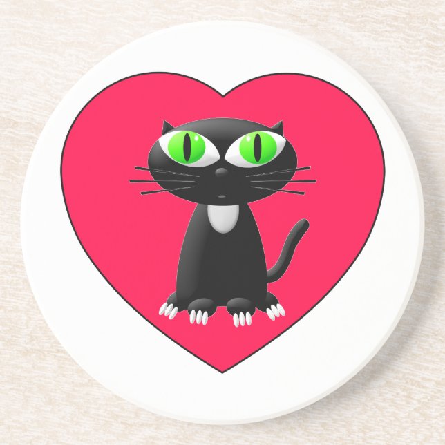 Dessous De Verre En Grès Chat noir dans le coeur rouge (Devant)