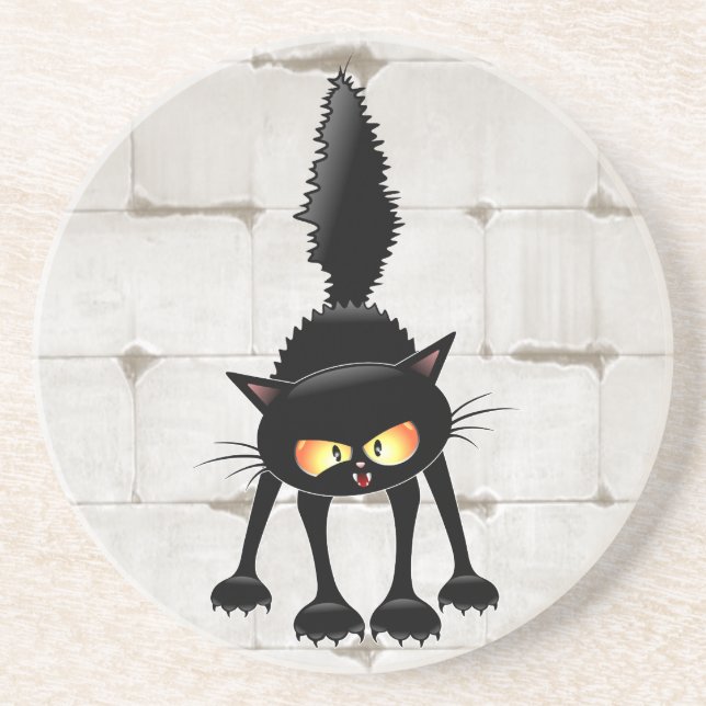 Dessous De Verre En Grès Chat noir de dessin animé drôle et féroce  (Devant)
