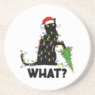 Dessous De Verre En Grès Chat Noir Drôle Poussant Arbre De Noël Sur Chat Ch