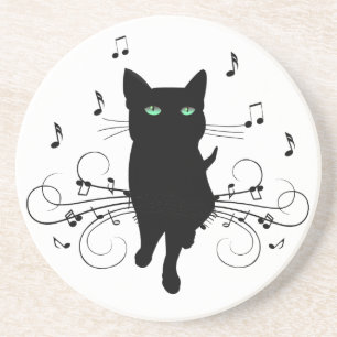 Dessous De Verre En Grès Chat noir entouré de notes de musique murmurantes