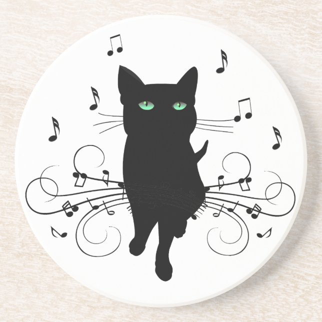 Dessous De Verre En Grès Chat noir entouré de notes de musique murmurantes (Devant)