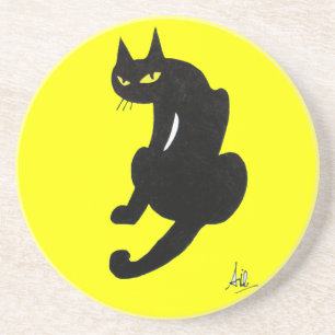 Dessous De Verre En Grès CHAT NOIR, jaune